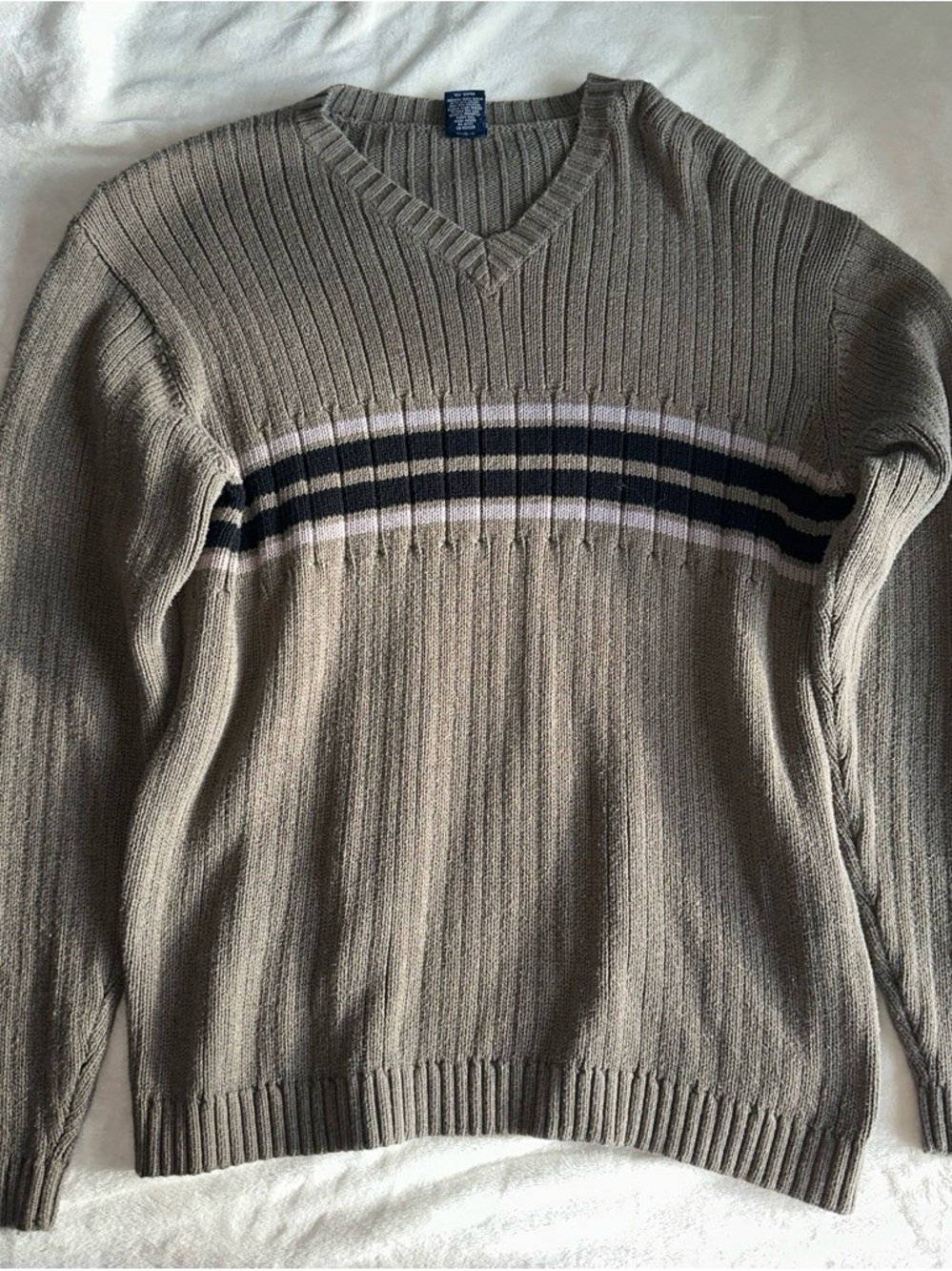 High Sierra Taupe V-Neck Sweater with Navy & White Stripes